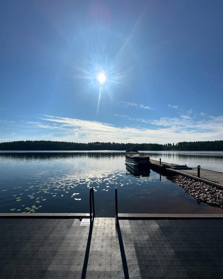 Bryggan och en båt i motljus med näckrosor i vattnet